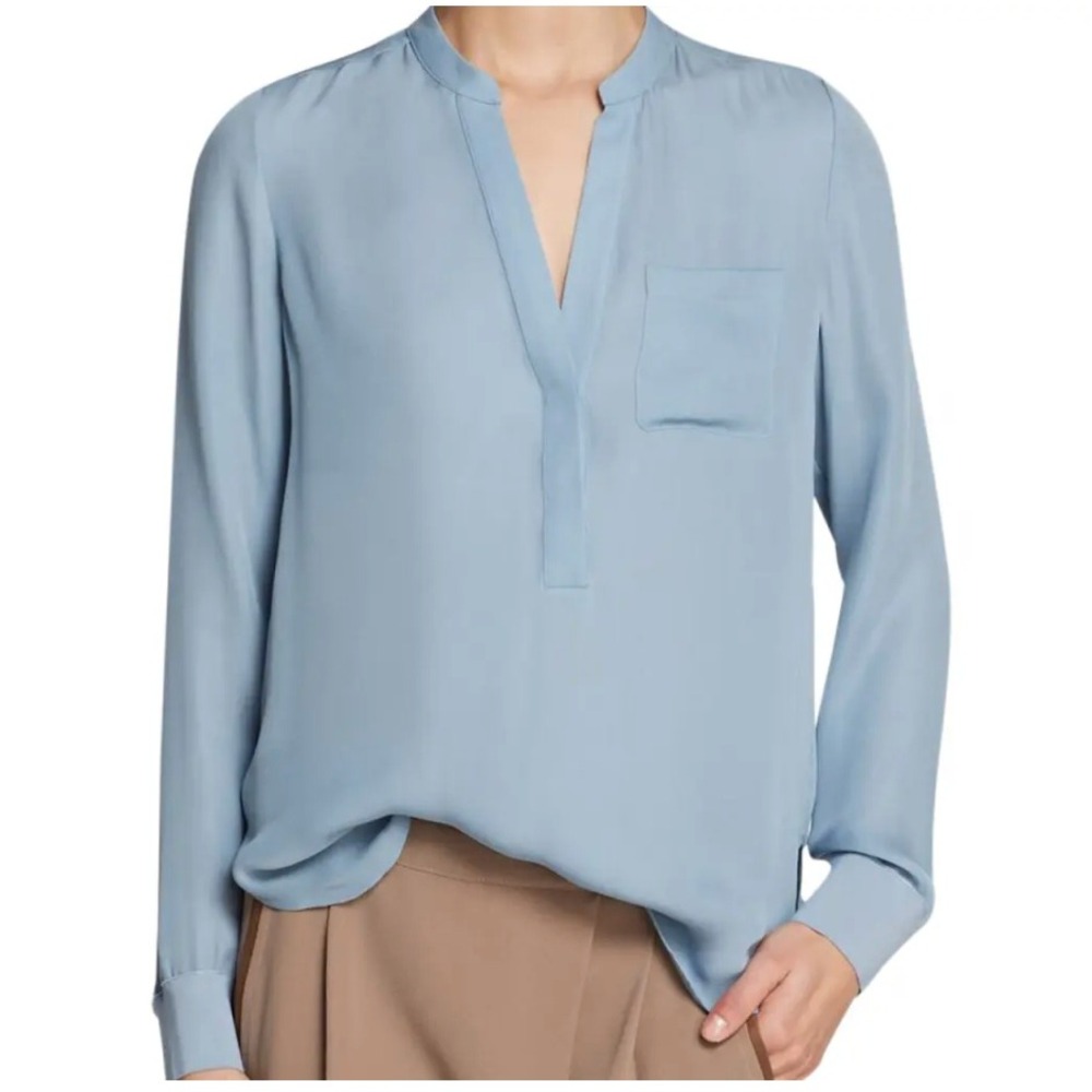 Vince Silk Blouse Blue Long Sleeve Popover Top,‎ Size 10